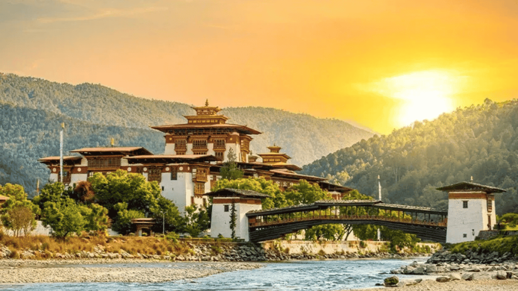 Bhutan monastery sunset peaceful travel experience.