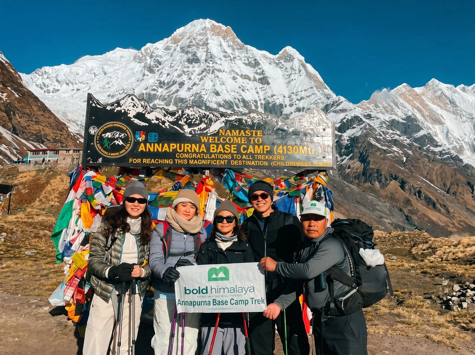 Bold Himalaya team at Annapurna Base Camp during 5 days trekking from Pokhara