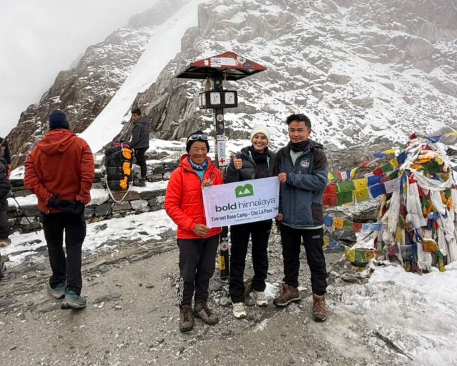 Bold Himalaya team at the top of Cho La Pass (5,420 m / 17,782 ft) during the Everest Gokyo Cho La Pass Trek