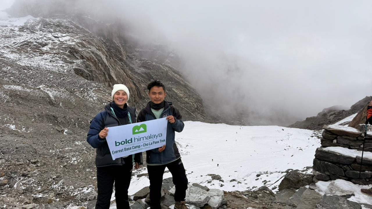 Trekkers on the Everest Gokyo Cho La Pass Trek with Himalayan peaks in the background