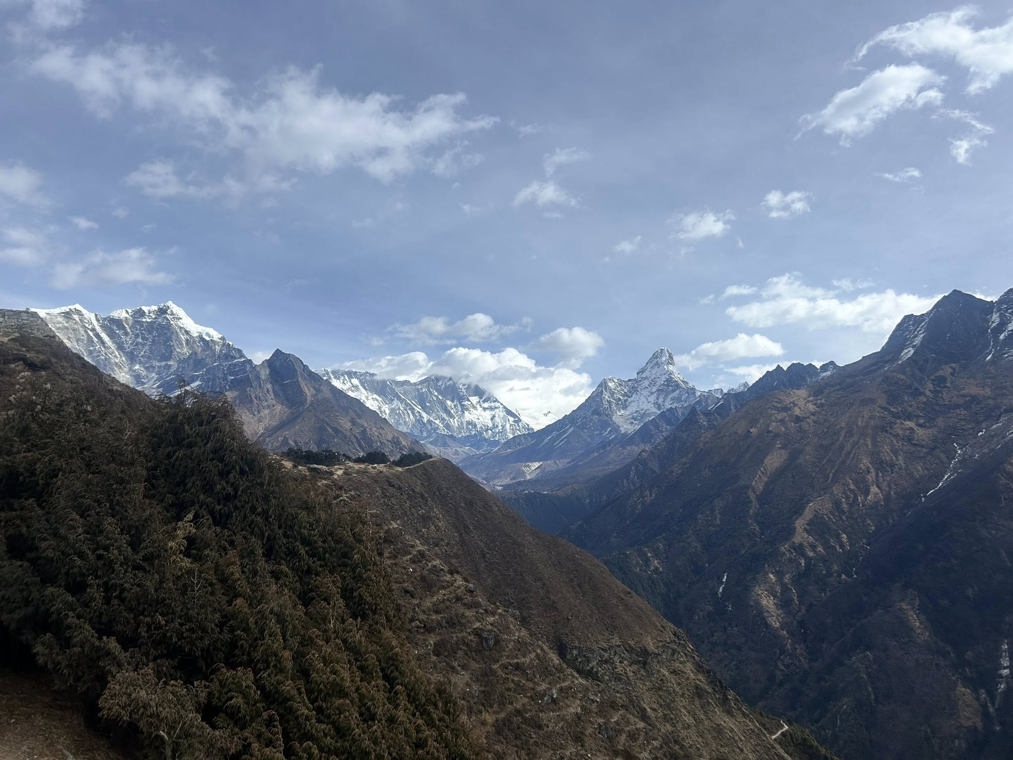 Snow-covered Himalayan mountains visible from Everest View Point in the Khumbu region of Nepal during Everest Base Camp Trek with Island Peak Climbing