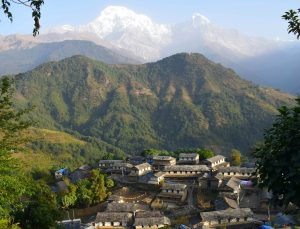 Stone houses and mountain views in Ghandruk Village along the Annapurna Base Camp Trek.