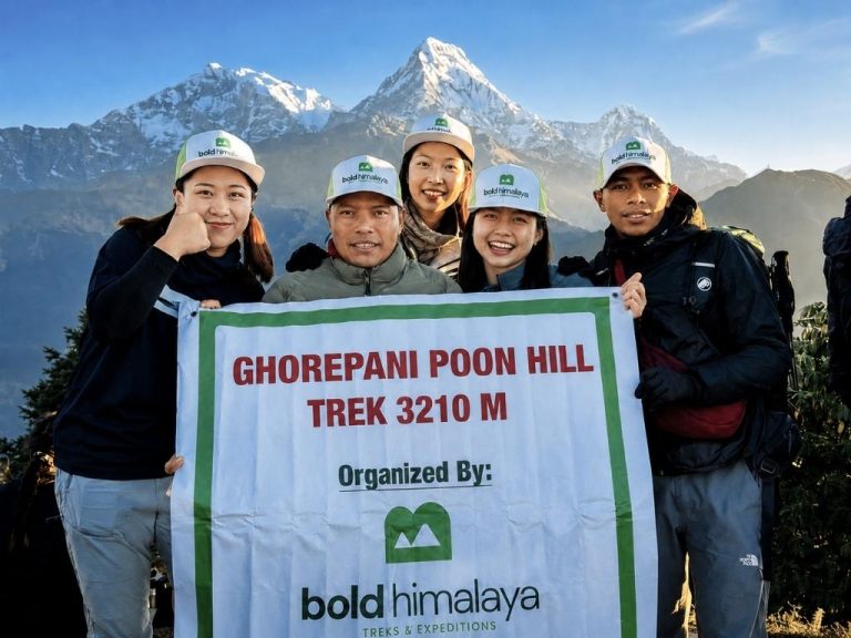 Trekkers capturing picture showing their banner at 4-day Poonhill trek.