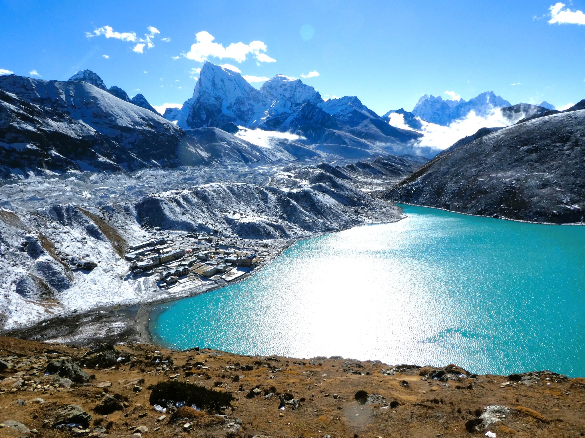 Gokyo Lakes Renjo La Pass Trek with turquoise Gokyo Lake and snow-covered Himalayan mountains in Everest region Nepal