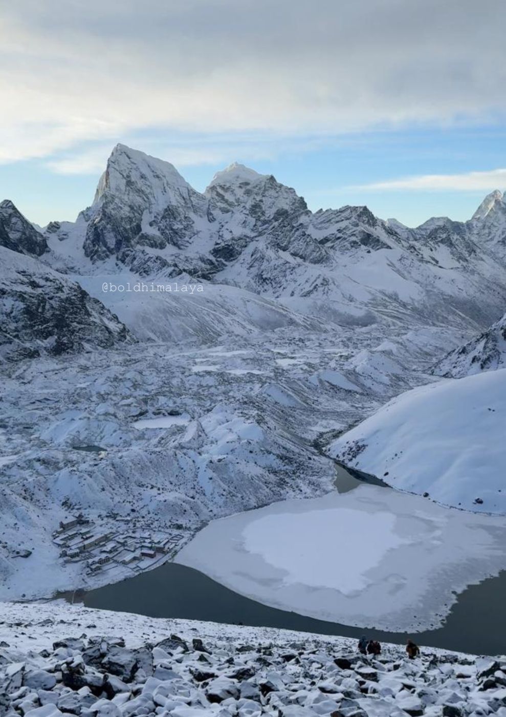 Frozen Gokyo Lake beneath snow-covered mountains in the Everest region