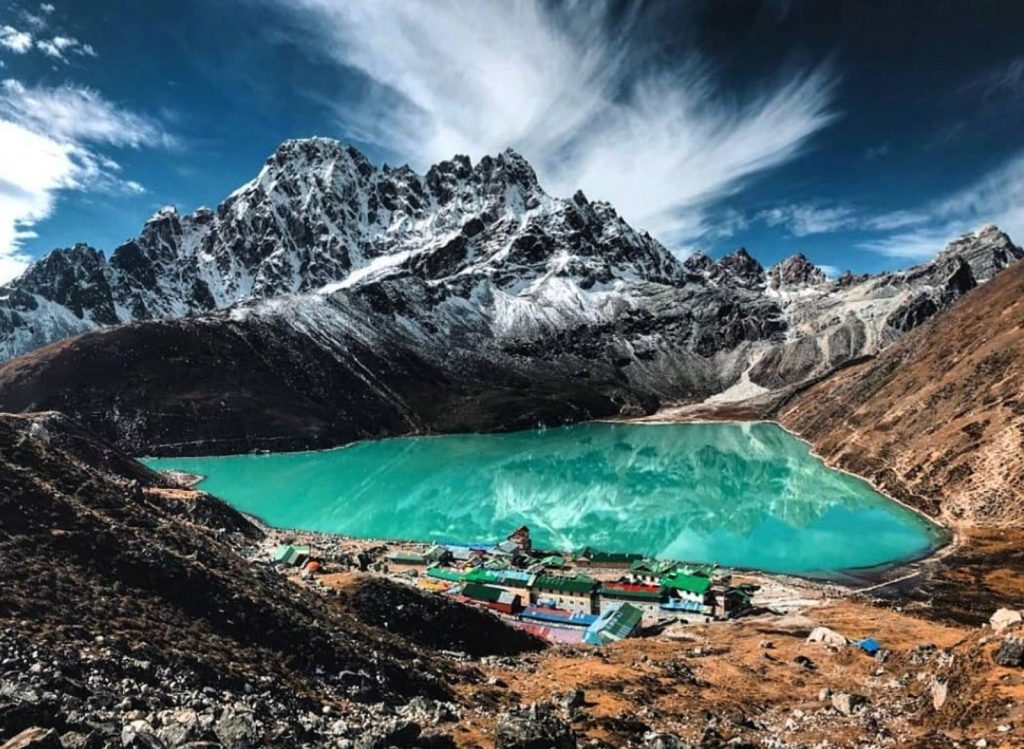 Gokyo Lake with turquoise waters and the Himalayan peaks in the background