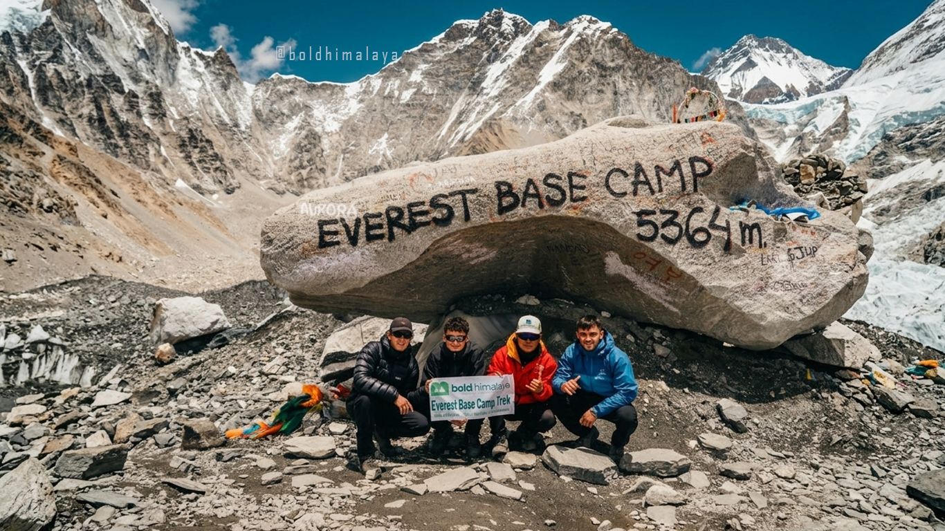 Group photo at Everest Base Camp 5,364 m (17,598 ft), final destination of Everest Base Camp Luxury Lodge Trek in Nepal