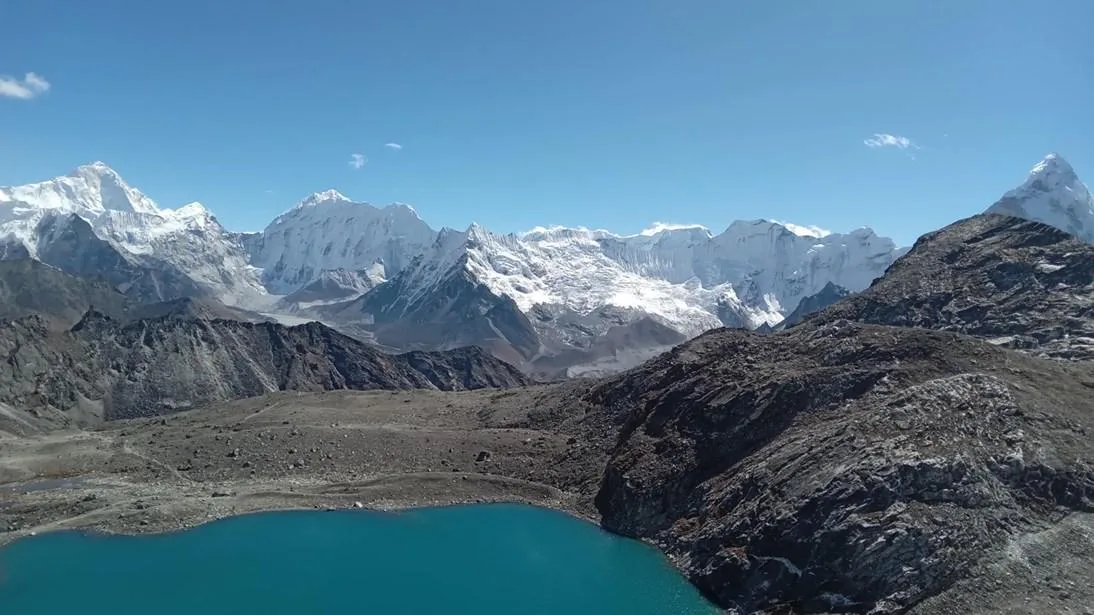 Stunning glacial Kongma La Pass Lake (5,535 m / 18,159 ft) with Himalayan peaks in the background, Everest Three Pass Trek