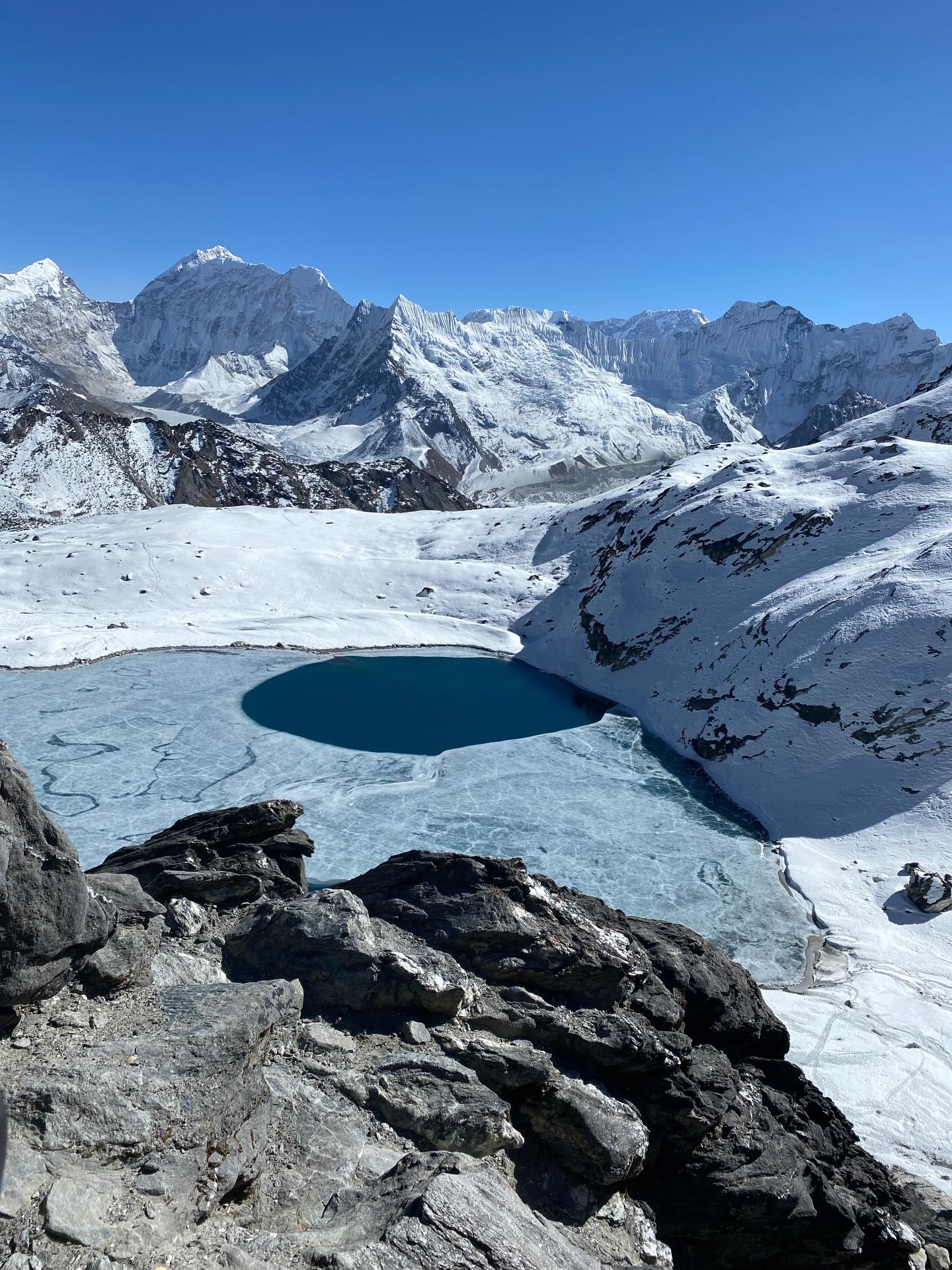 Frozen glacial lake near Kongma La Pass on the Everest Base Camp Trek with Kongma La Pass in the Khumbu region of Nepal.