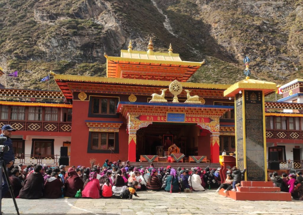 People gathered in front of Lama Gau Monastery in Tsum Valley during the Manaslu Circuit Trek in Nepal-Tsum Valley with Manaslu Circuit Trek