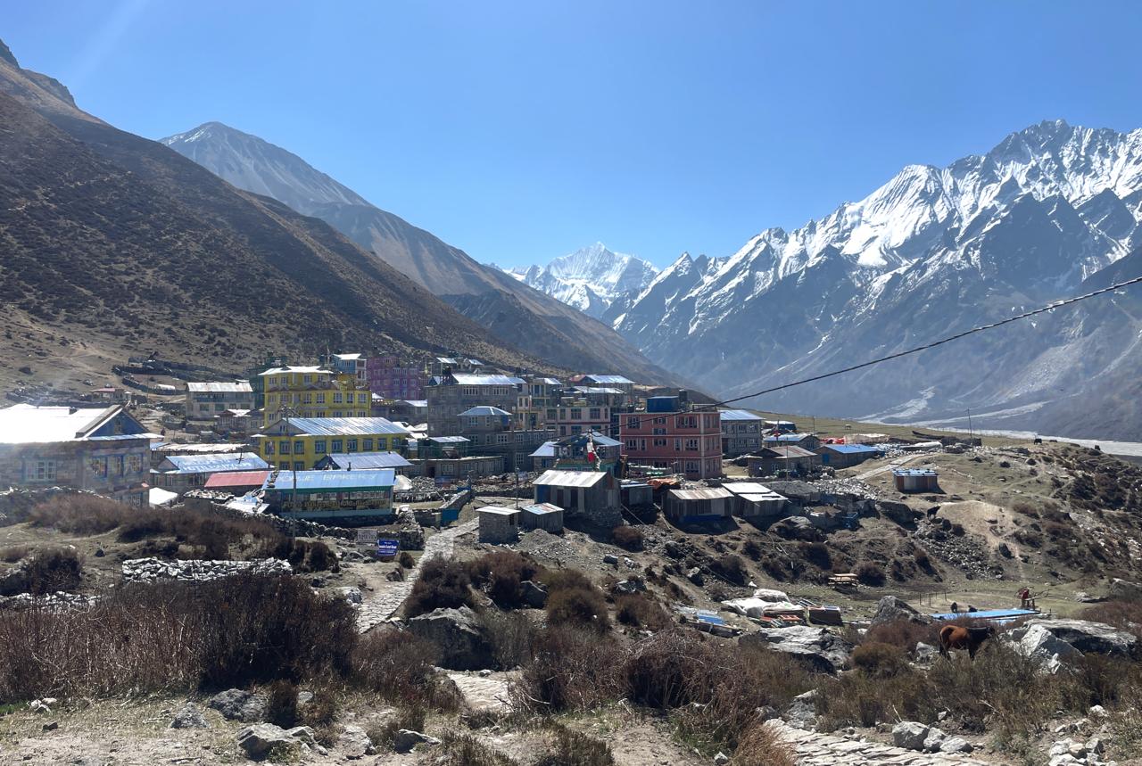 View of Langtang Valley, Langtang Himalaya mountains, and Langtang Village in Nepal.