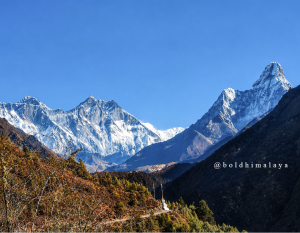 Dramatic Ama Dablam peaks rising above the Khumbu valley along the Everest Base Camp route.