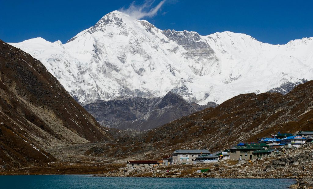 Cho Oyu, rising in the Himalayas near Mount Everest, one of the 14 highest mountains in the world, with broad snow-covered slopes