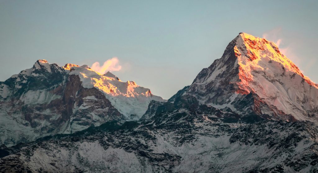 Dramatic icy slopes of Annapurna I rising above the Himalayas, one of the 14 highest mountains in the world
