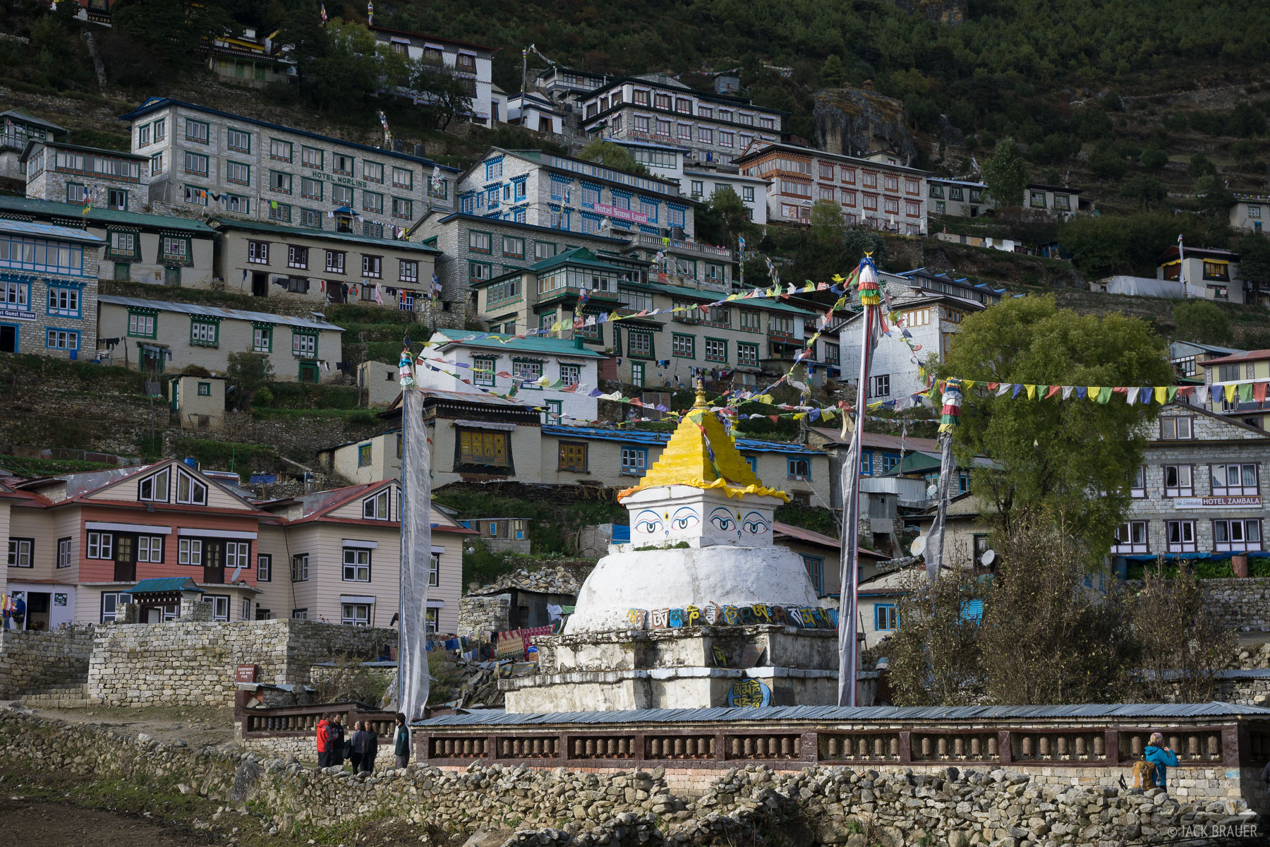 Namche Bazaar with Sherpa Stupa on the Everest Base Camp Trek with Kongma La Pass in Nepal’s Khumbu Himalayas.