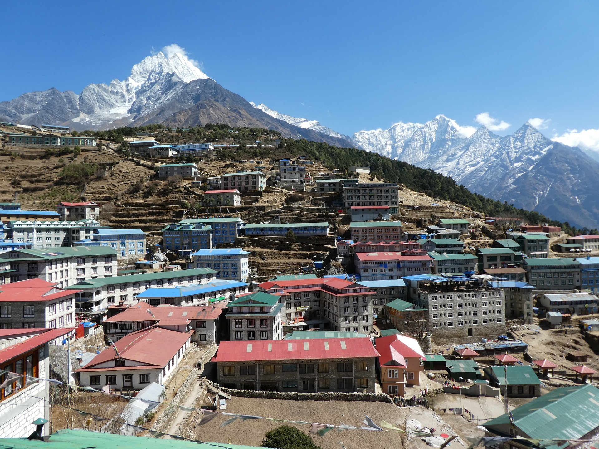 Namche Bazaar, a colorful mountain town surrounded by Himalayan peaks, on the Everest Base Camp Trek route