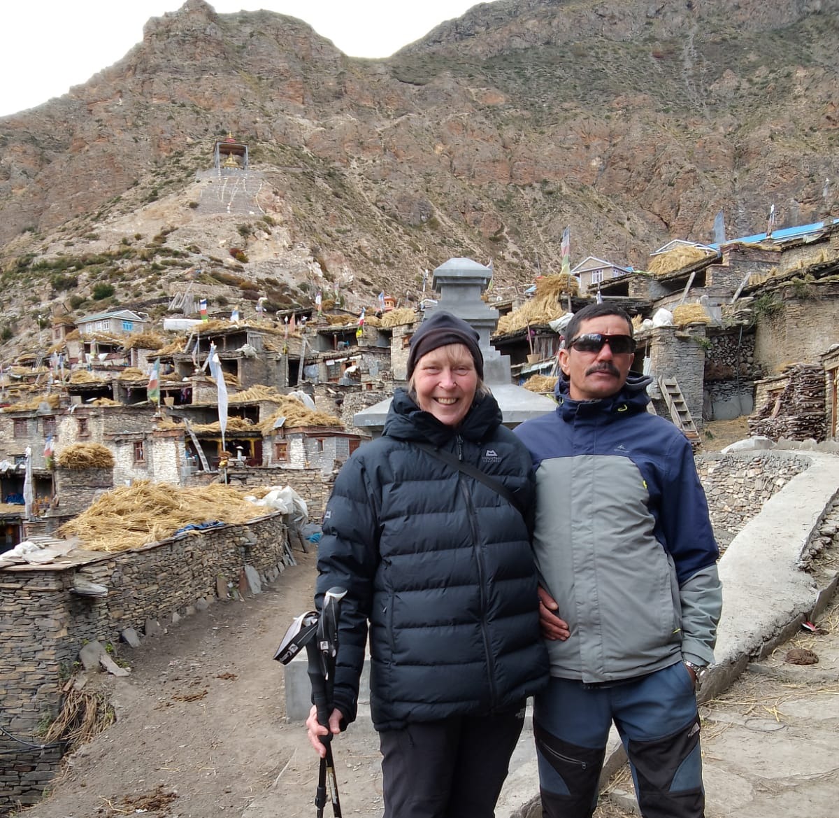 Nar Village 13,484 ft 4,110 m trekker enjoying Himalayan view Nar Phu Valley