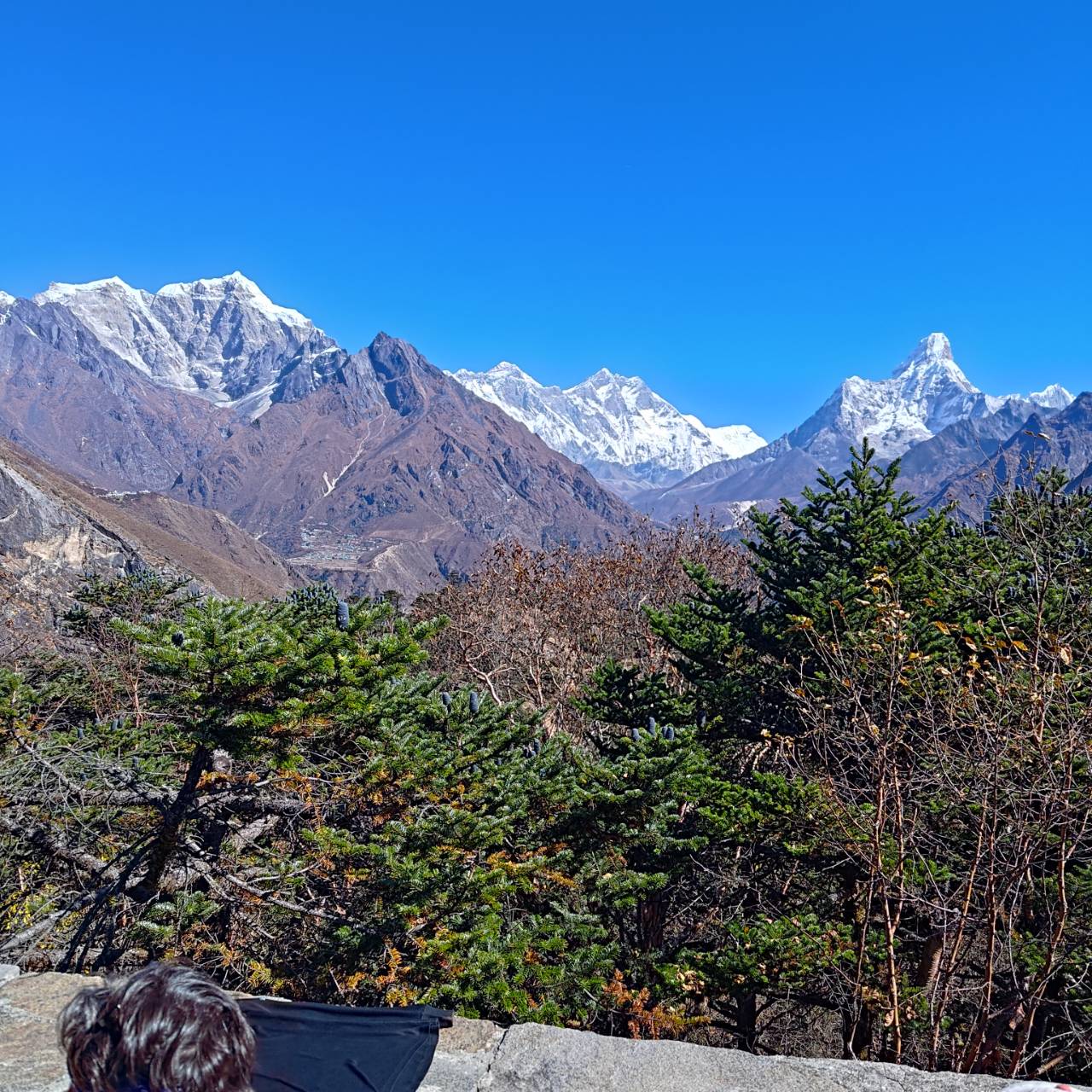 View of Everest, Lhotse, Ama Dablam, and Nuptse from Everest View Hotel
