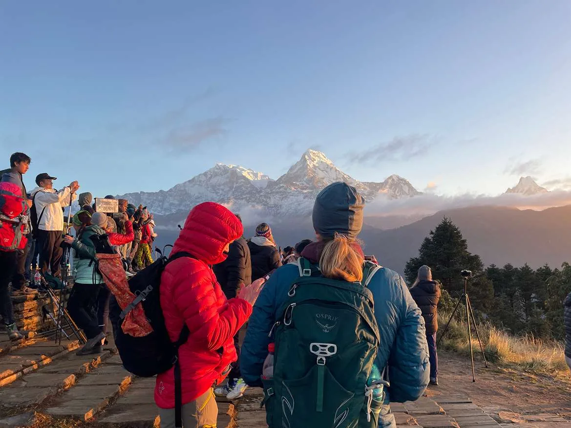 Traveller enjoying panoramic view of Annapurna Himalayas from Poon Hill during combined Nepal trekking, cultural tour, and safari