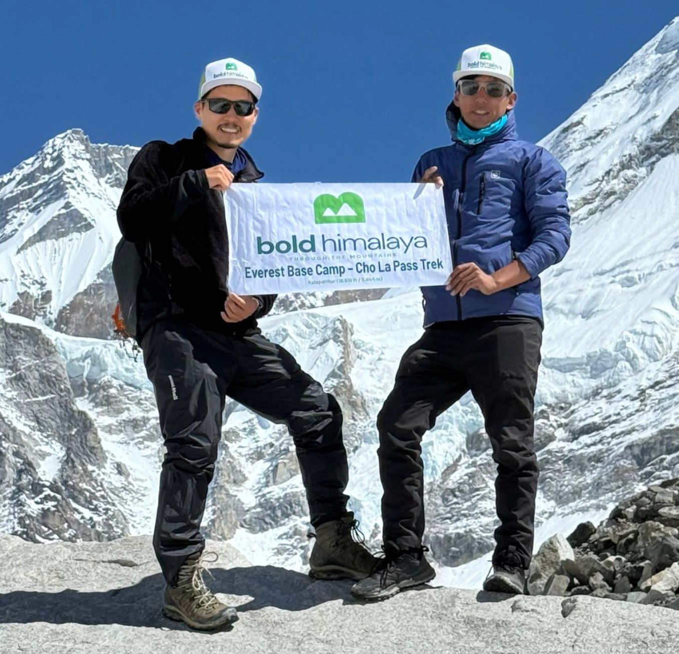 Trekkers at Everest Base Camp (5,364 m / 17,598 ft) during the Everest Base Camp Gokyo Cho La Pass Trek