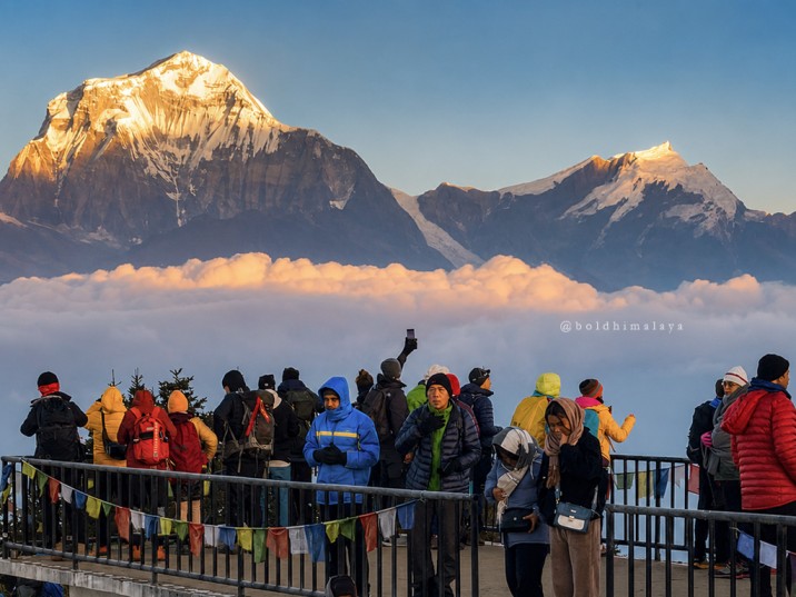 Breathtaking view of Dhaulagiri where the sunlight reflects into its peaks, seen from Ghorepani Poonhill trek.