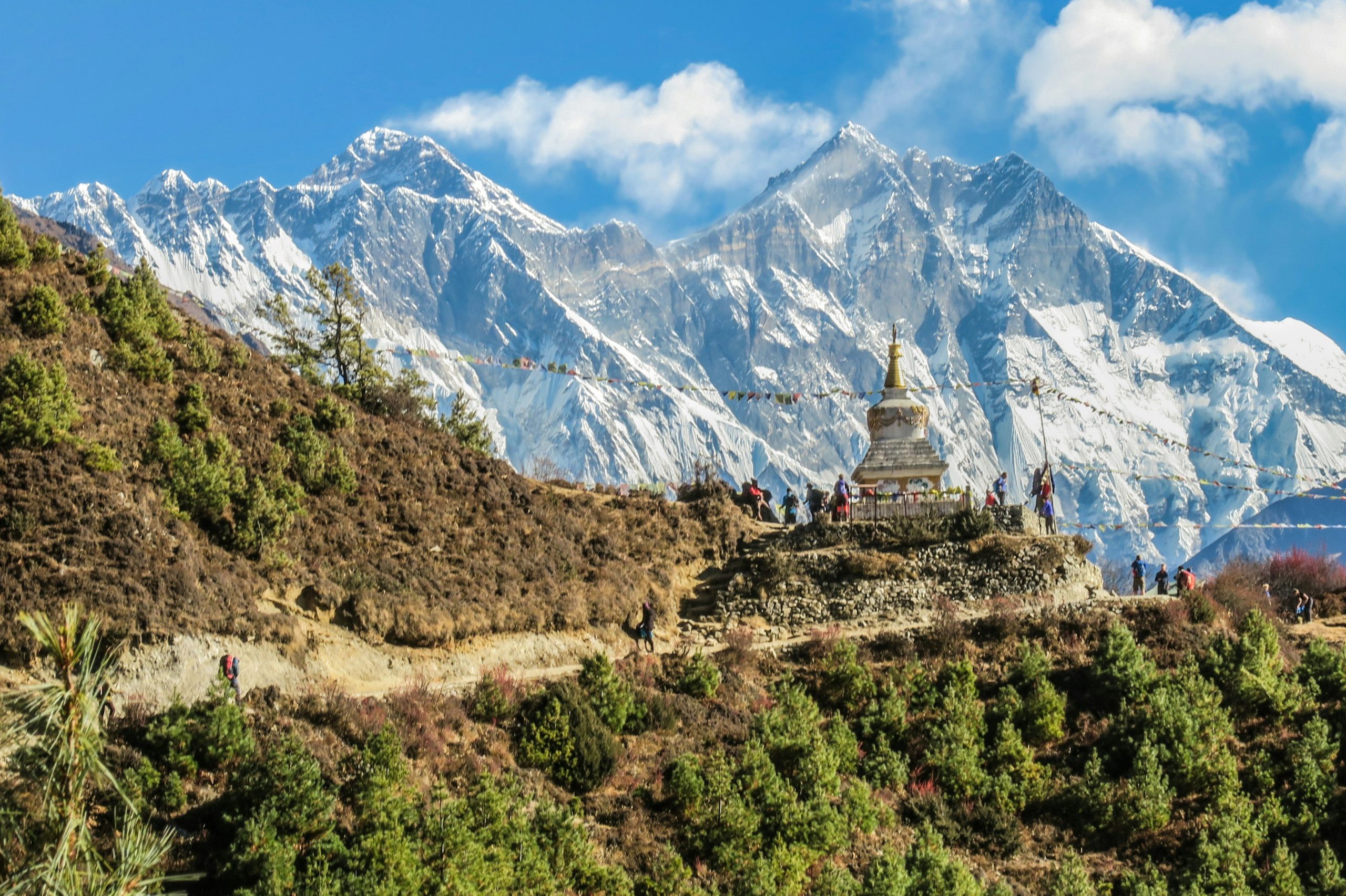 Tengboche stupa on the Everest Base Camp trek 13 days with Mount Everest, Lhotse, and Nuptse rising behind