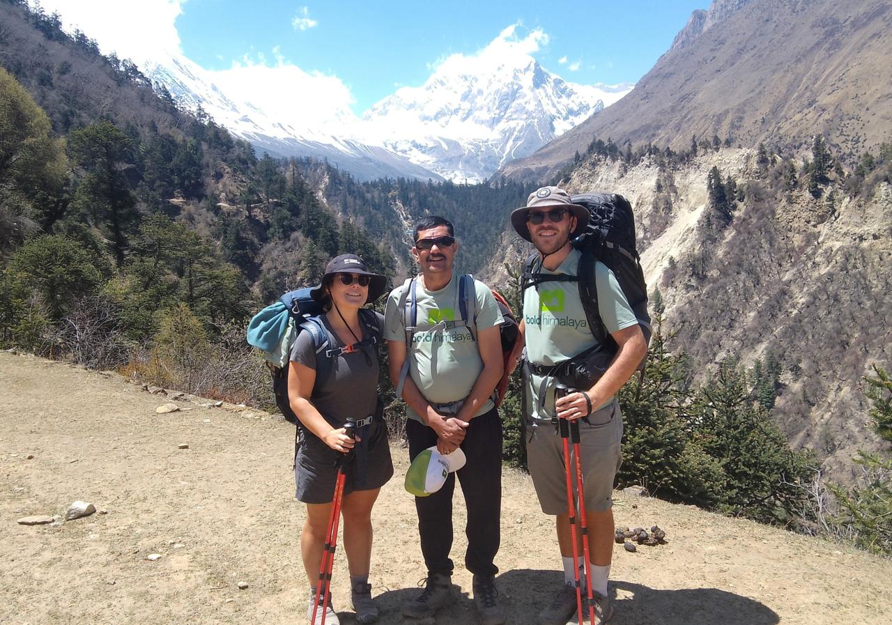 Trekkers beginning their journey on the Manaslu Circuit Trek, heading into the remote Himalayan landscapes of Nepal