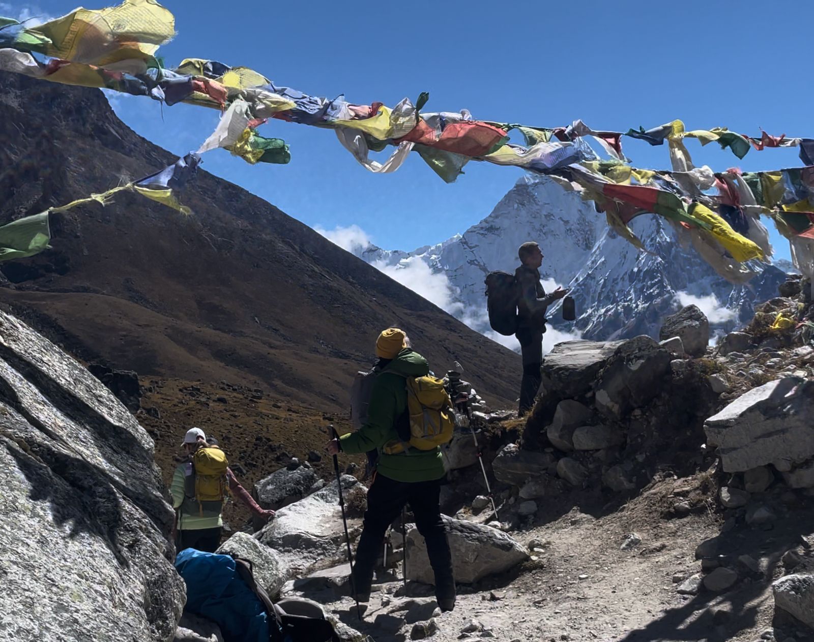 Trekkers standing at Thukla Pass (4,800 m / 15,748 ft) on the Everest Base Camp Trek with Helicopter Return to Kathmandu