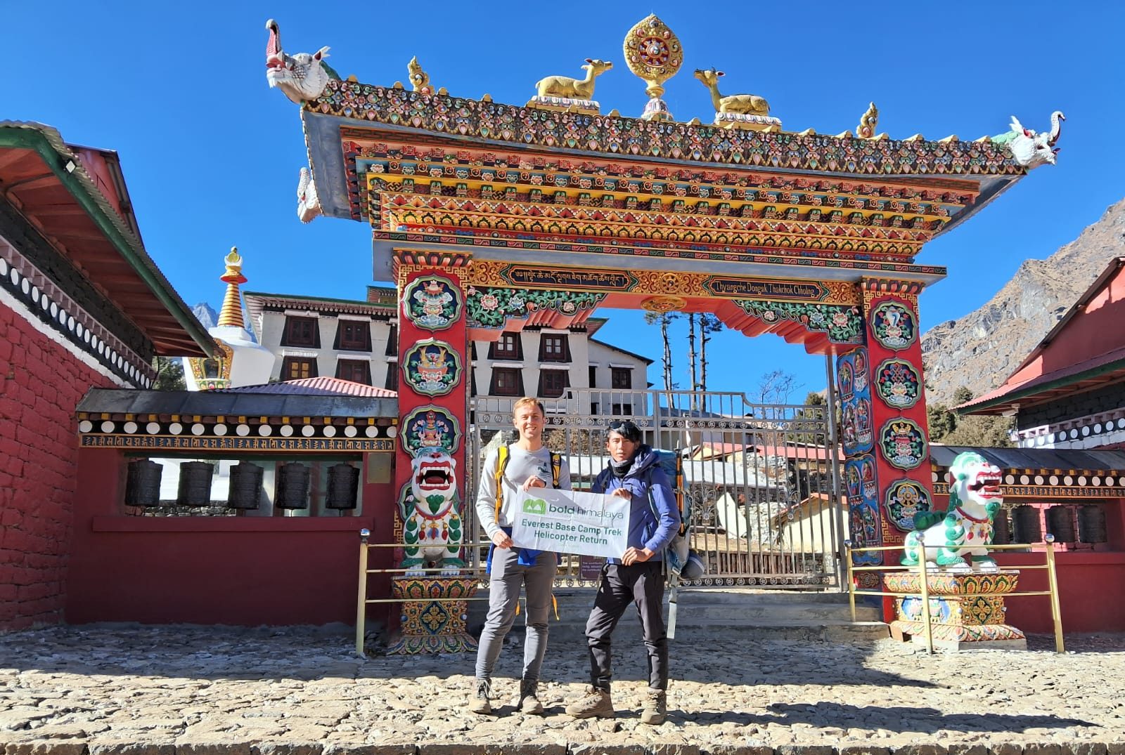 Bold Himalaya team at Thyangboche Monastery (3,867 m / 12,687 ft), embracing the spiritual energy and breathtaking beauty of the Everest region in Everest Base Camp Trek with Helicopter Return
