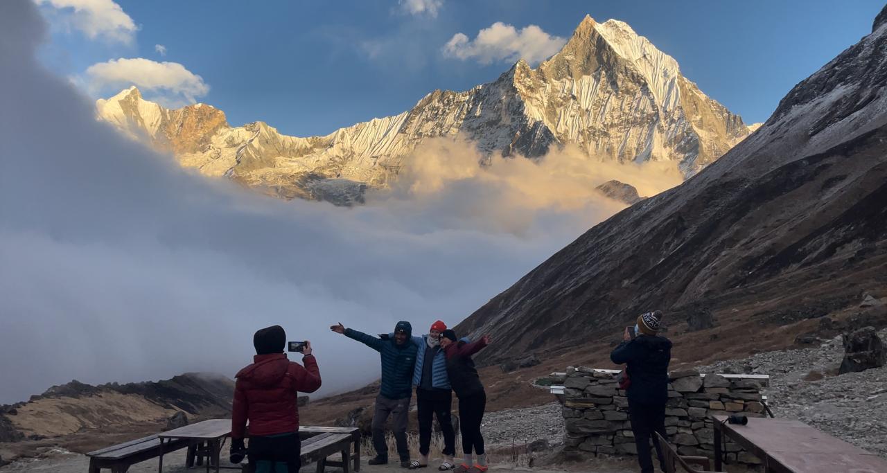 View of Mount Fishtail (Machhapuchhre) from Annapurna Base Camp (ABC) on the Annapurna Sanctuary Trek.