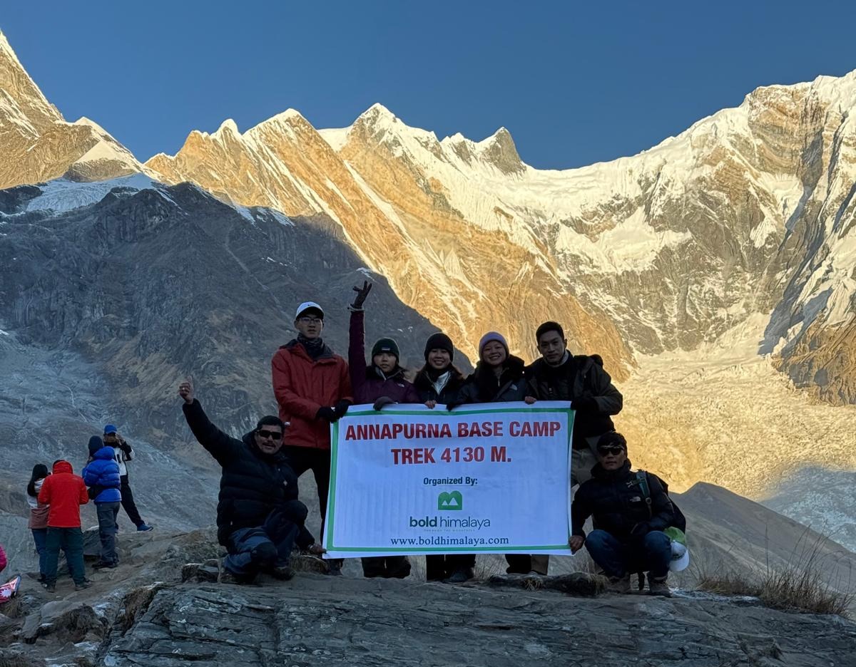 Annapurna Base Camp (4130m / 13550ft) view on the Annapurna Sanctuary Trek, surrounded by Himalayan peaks and Machhapuchhre.