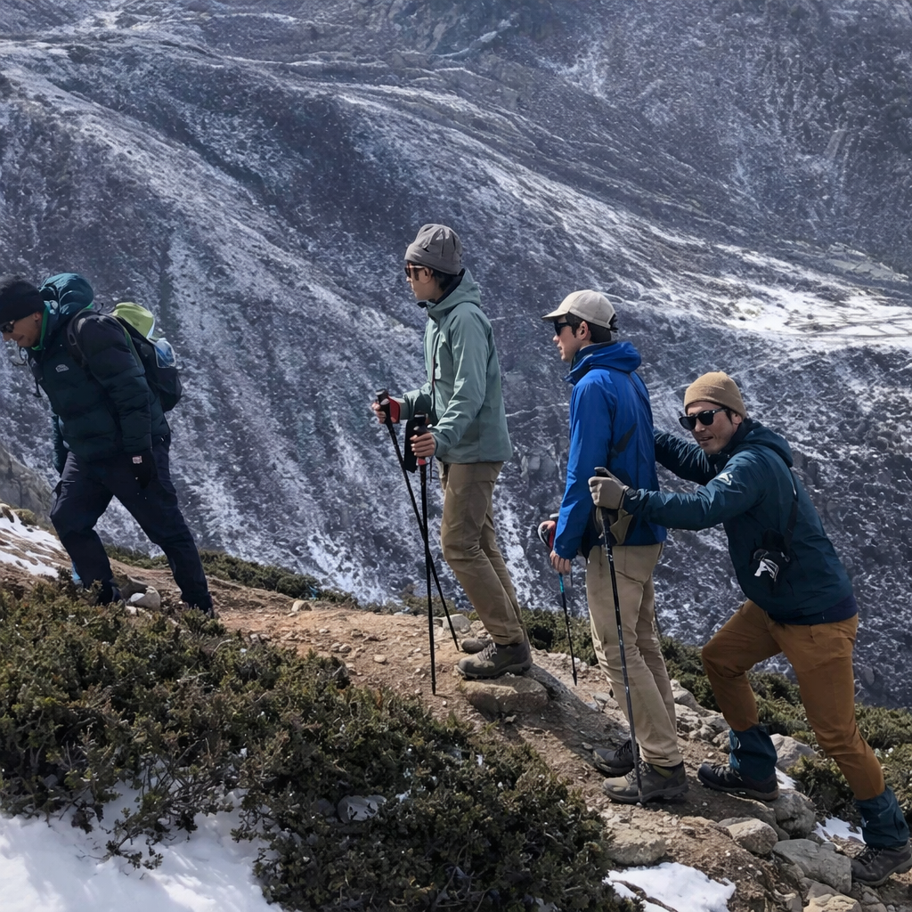 Group of trekkers walking uphill on a narrow mountain trail during Lobuche Peak Climbing in the Everest region of Nepal.