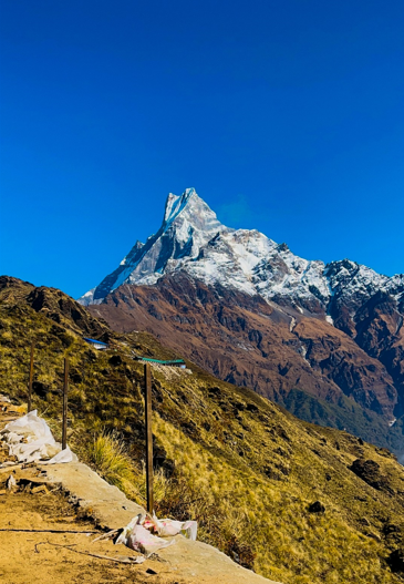Mardi Himal Base Camp trek view from High Camp with Annapurna South, Machhapuchhre, and surrounding Himalayan peaks.