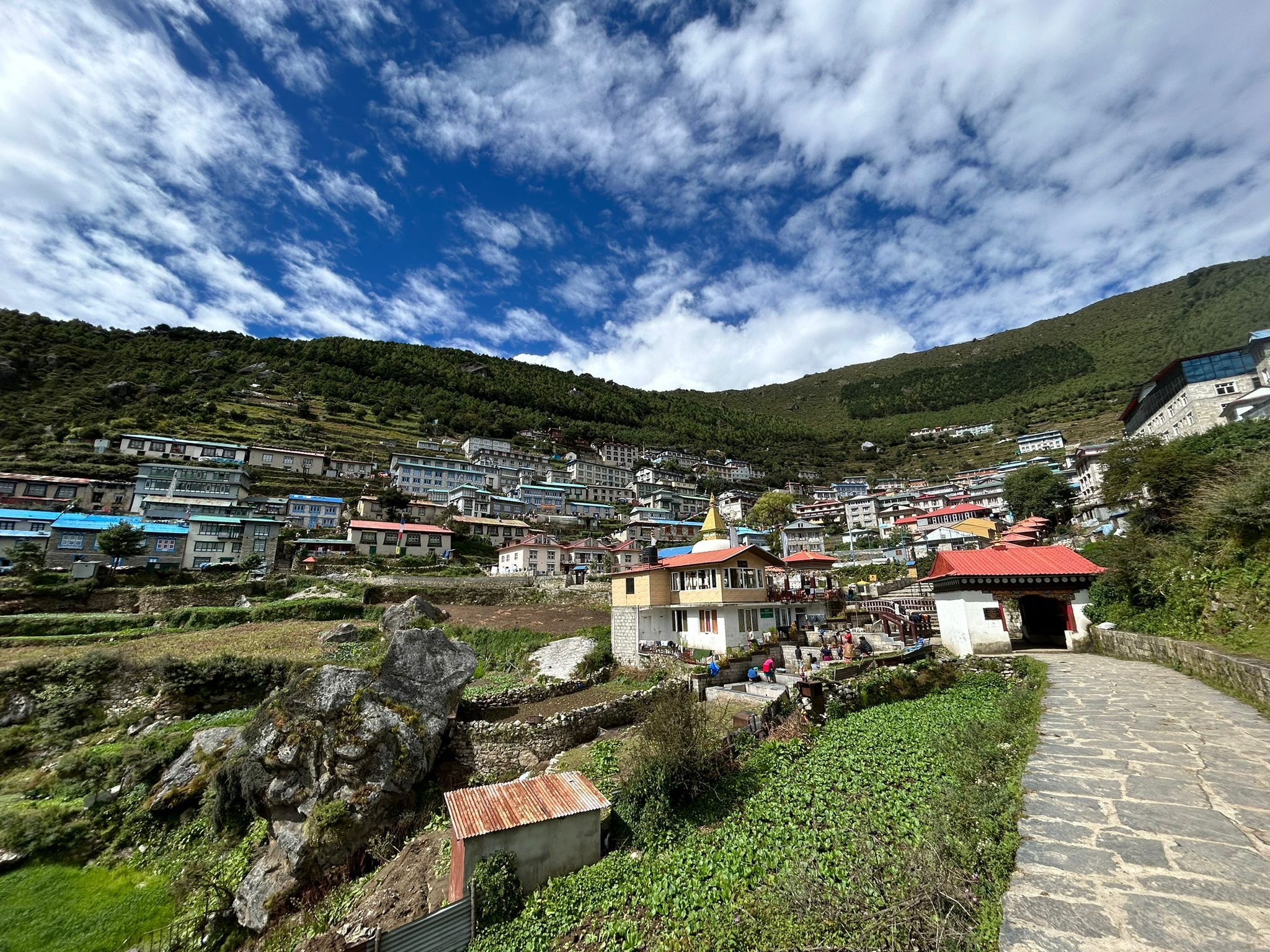 Panoramic view of Namche Bazaar village along the Everest Base Camp Trek route in the Khumbu region during Everest Base Camp Trek with Island Peak Climbing