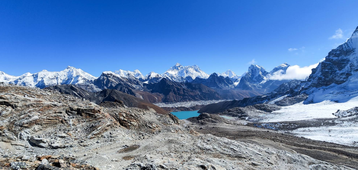 Panoramic view of turquoise Gokyo Lakes and Himalayan peaks from Renjo La Pass during the Gokyo Lakes Renjo La Pass Trek in Nepal.
