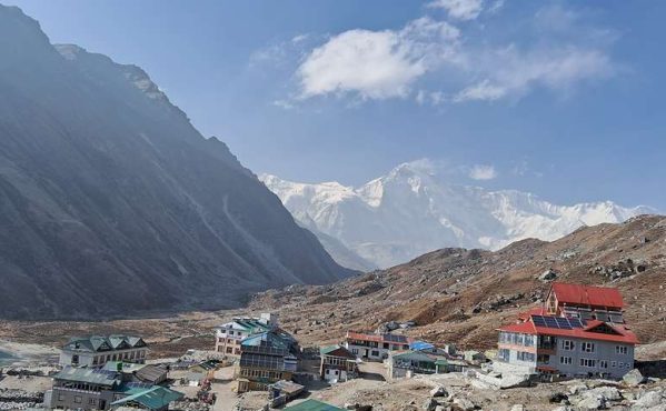 Cho Oyu Base Camp with sweeping views of snow-covered peaks, glaciers