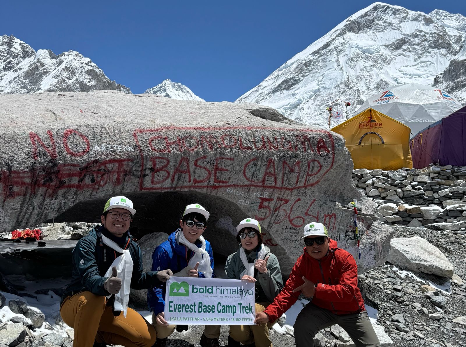 Happy trekkers celebrating their success at Everest Base Camp during the 15 Days Everest Base Camp Trek in Nepal.