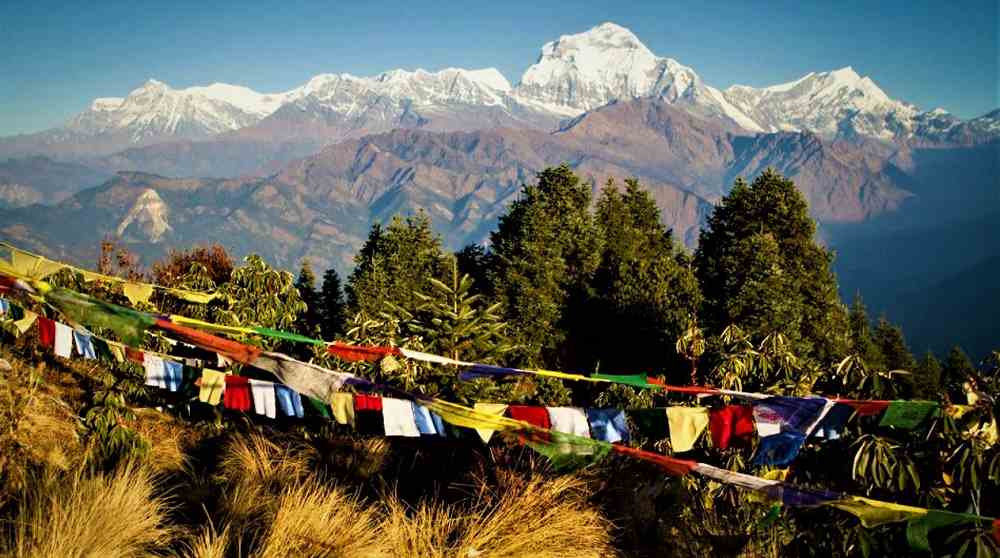Mountain view with prayers flag and hills