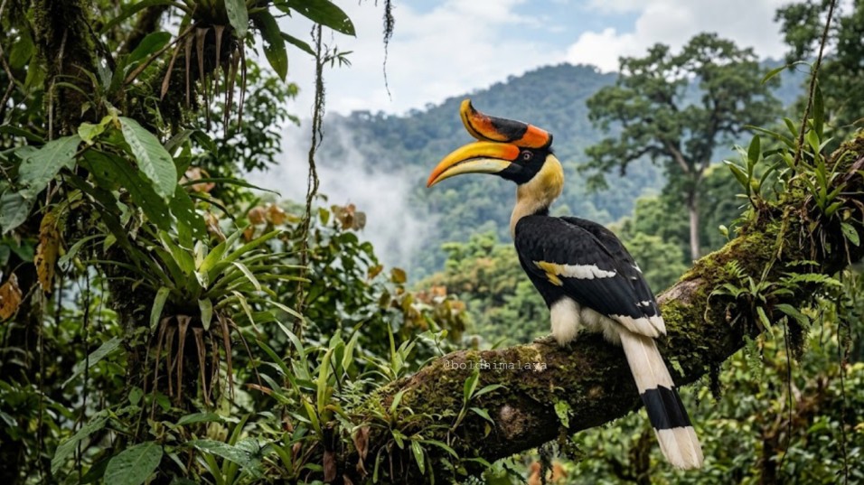 Majestic great hornbill sitting on the branch of tree,seen during bird watching tour in Nepal