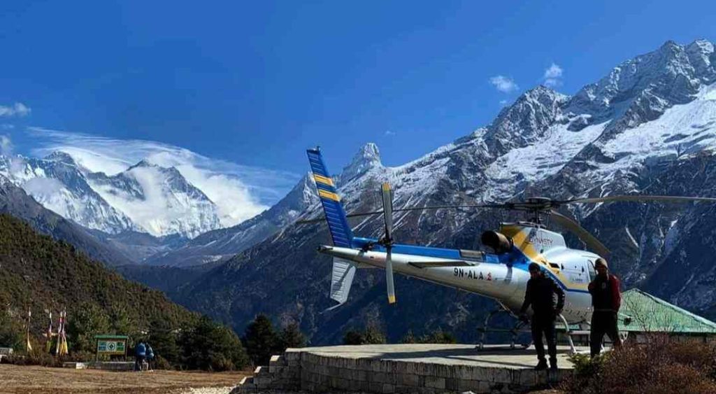 Luxury helicopter tour in the Himalayas showcasing one of the top luxurious things to do in Nepal near Everest