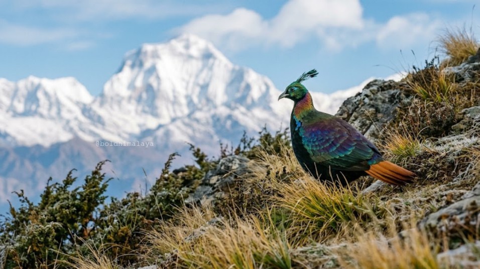 Colorful Himalayan Monal standing on a mountain slope during a Birdwatching tour in Nepal in the Himalayan region.