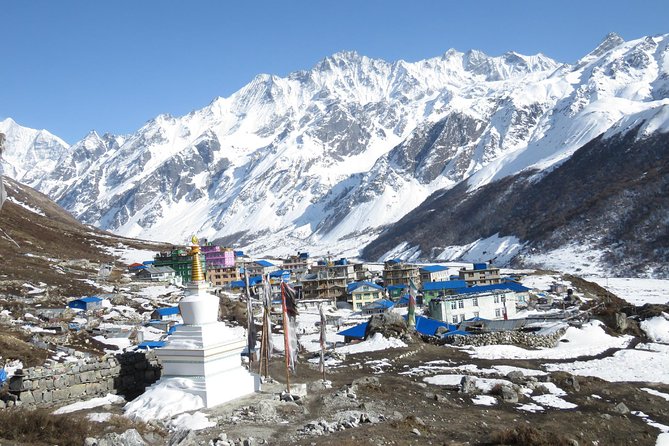 Traditional village in Langtang Valley covered with snow, seen during the Yala Peak Climbing expedition in Nepal, with towering Himalayan peaks in the background.