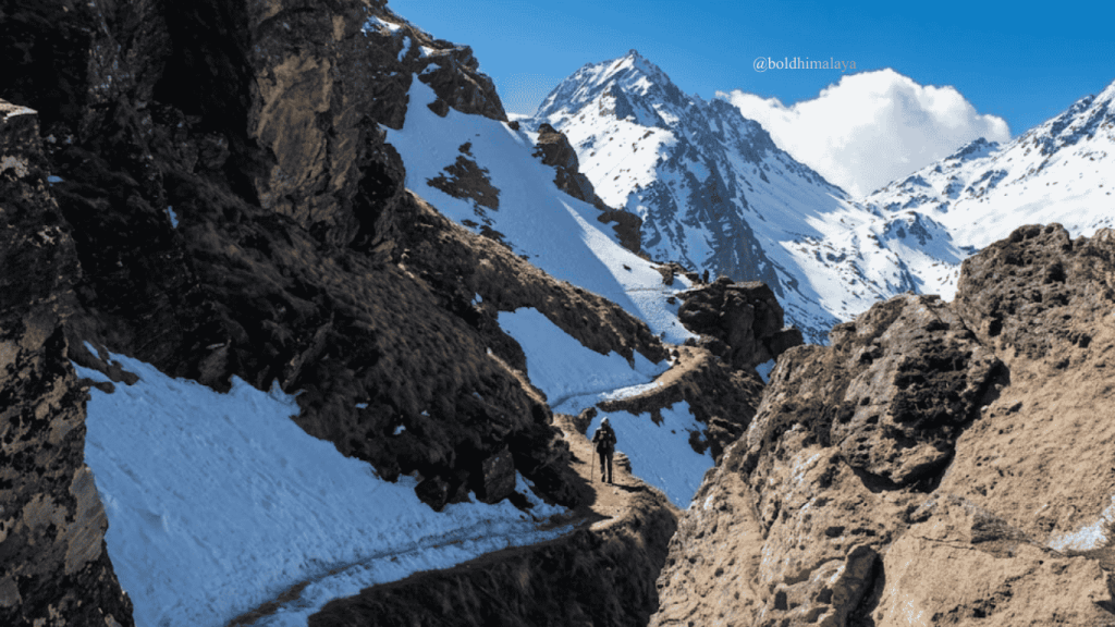 Langtang Valley Trek trail with snow-covered mountains and rocky path during winter in Nepal