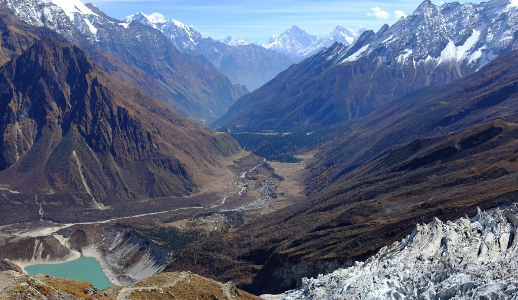 Panoramic view of the Manaslu Circuit trek showing deep Himalayan valleys, glaciers, and snow-capped peaks in Nepal