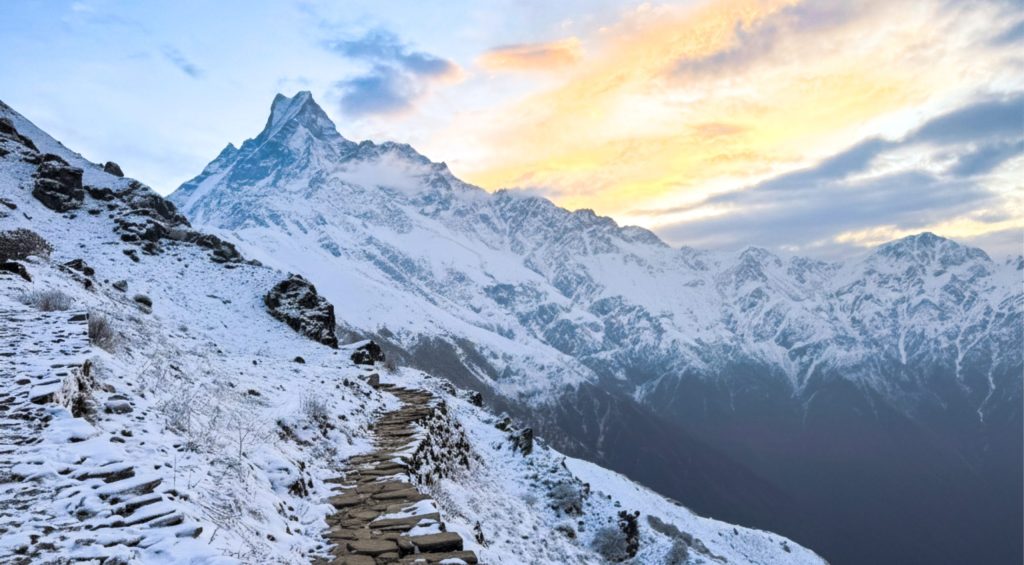 The scenic Mardi Himal trail with panoramic views of snow-covered Mardi Himal
