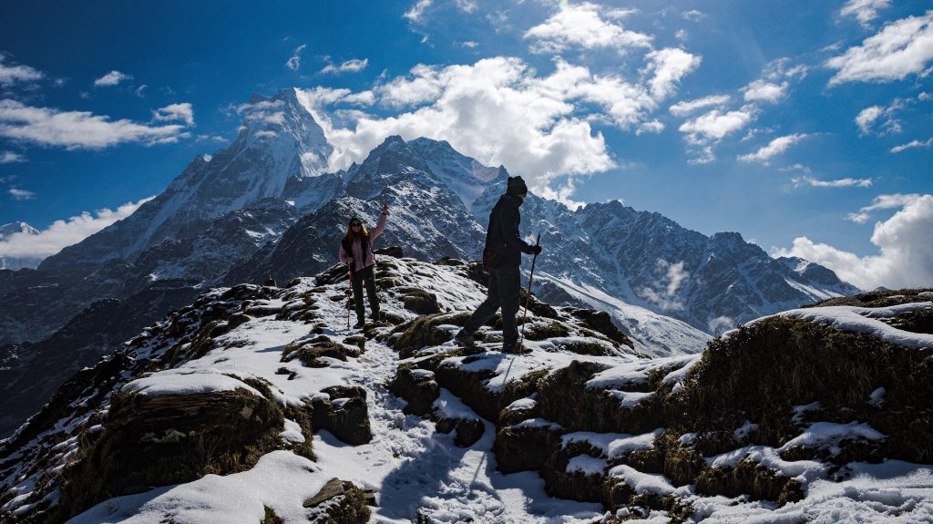 Two climbers ascending Mardi Himal trekking peak, one of the easy peaks to climb in Nepal