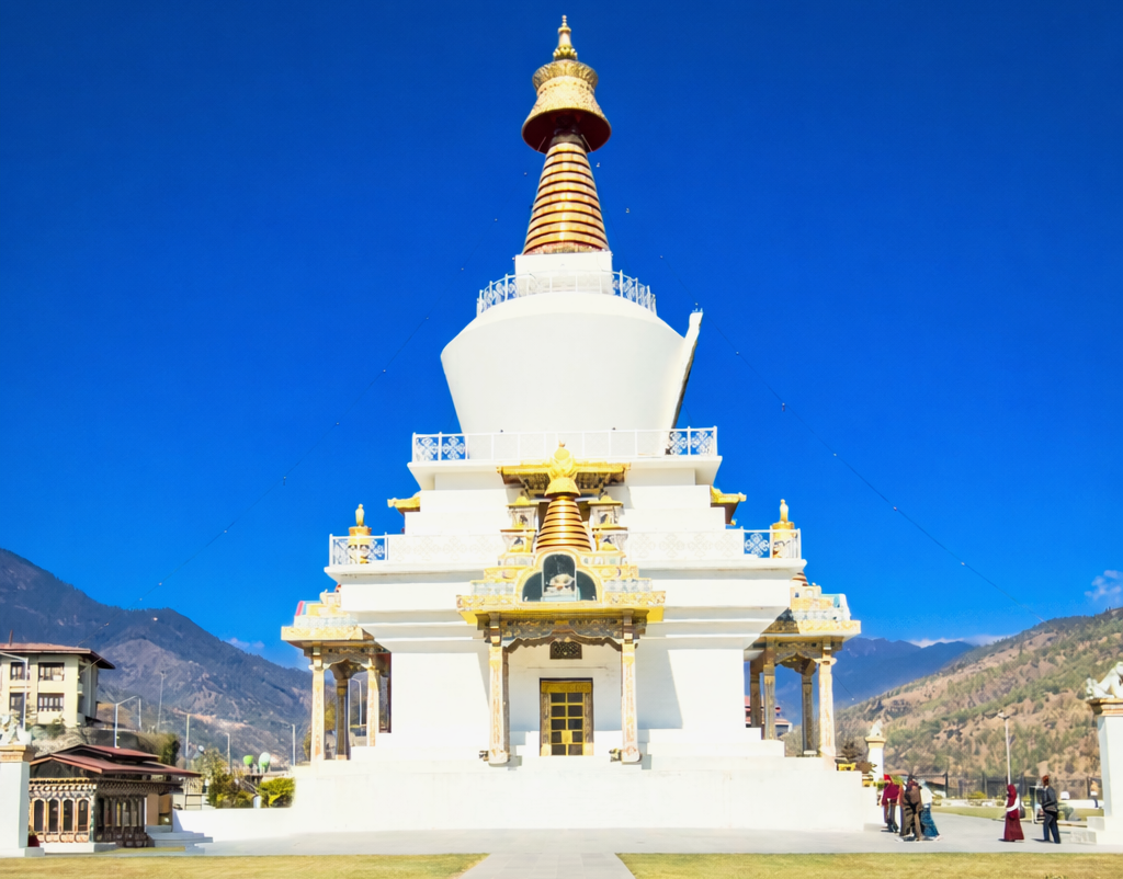 National Memorial Chorten in Thimphu, with its white stupa and golden spire under a clear blue sky, best places to visit in Bhutan