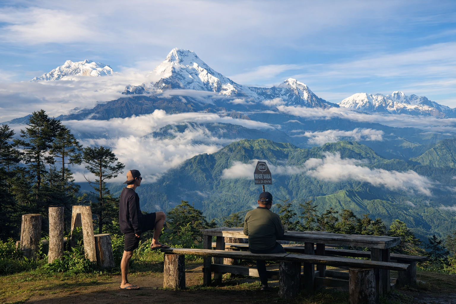 Mohare Dada viewpoint with Annapurna mountain range and trekkers enjoying scenic winter views in Nepal