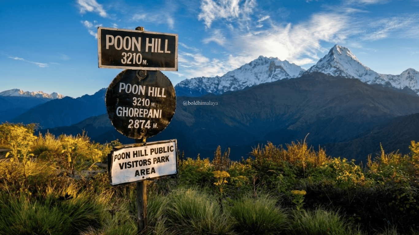 Ghorepani Poon Hill viewpoint at 3210m with Annapurna mountain range during winter trek in Nepal