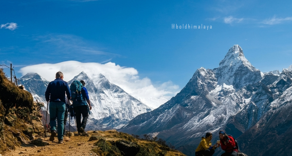 Trekkers trekking to the Everest Base Camp, with stunning views of Ama Dablam, one of the luxurious things to do in Nepal.